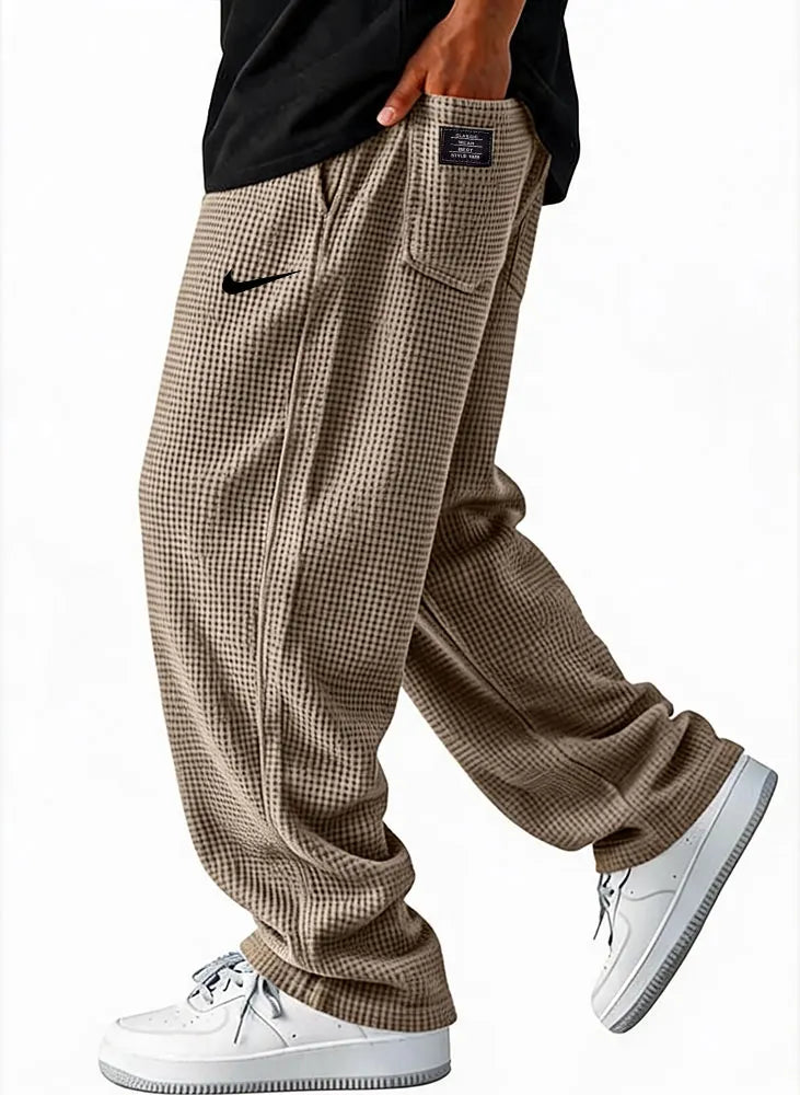 Men Waffle Grid Textured Loose Wide Leg Drawstring Casual Pants